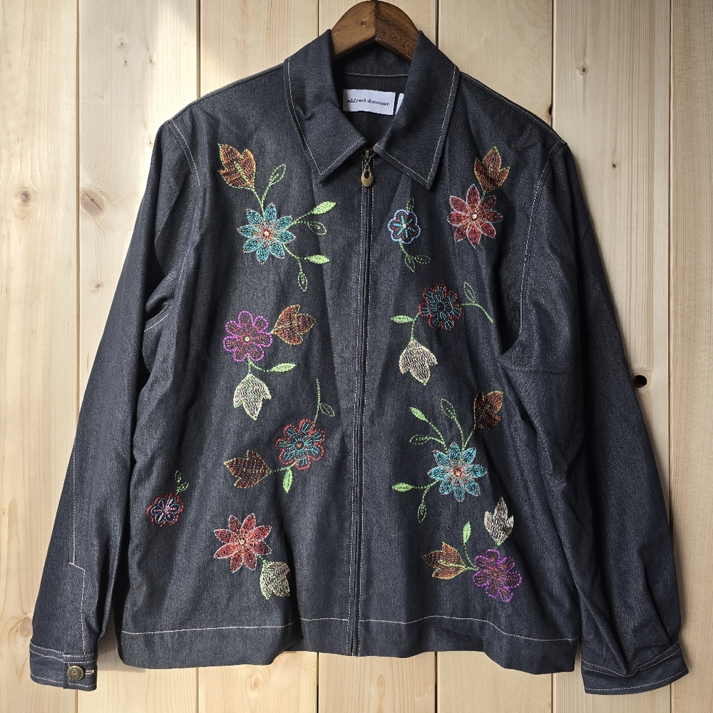 Alfred Dunner Blue Red Zip Up Jacket Floral Embroidered Womens Size 16